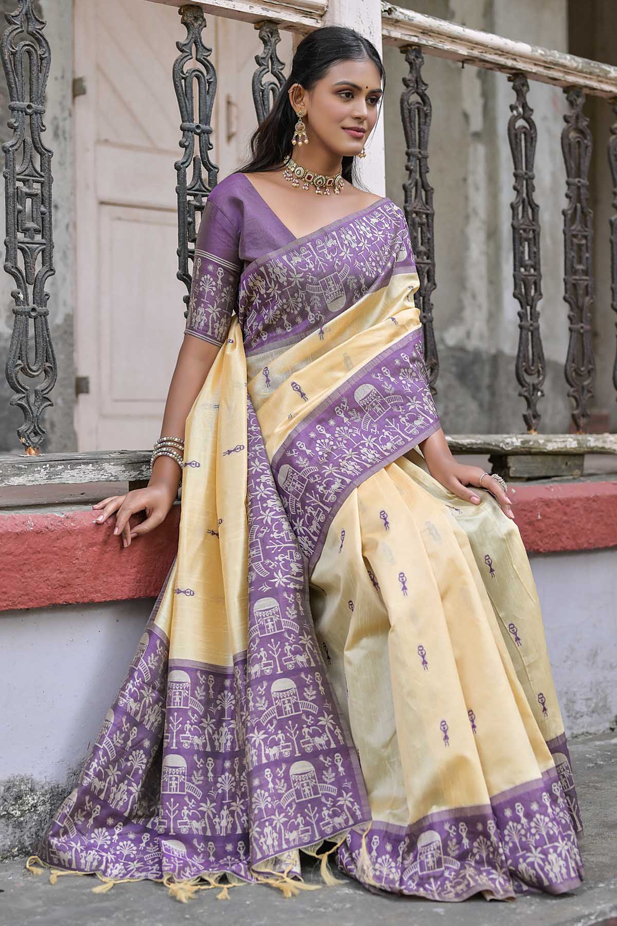 Buy Designer Warli Wine Border Silk Saree Online